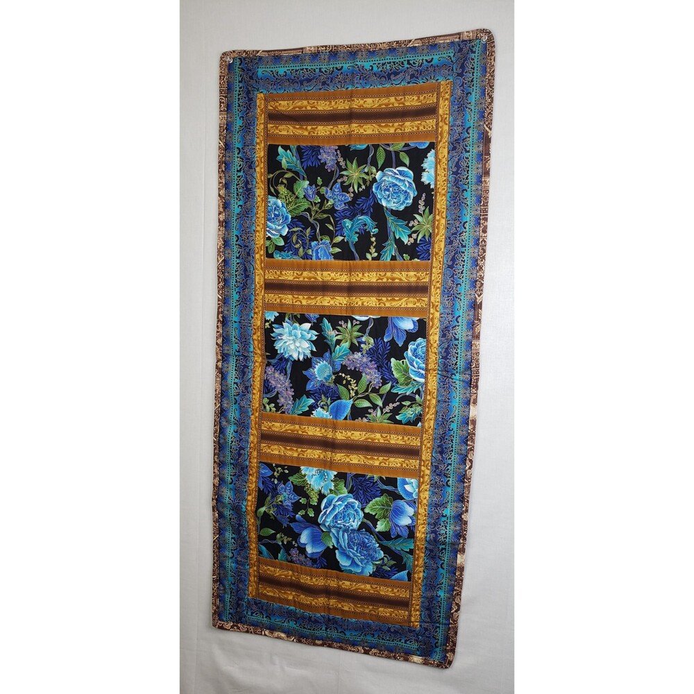 Table Runner Blue Flowers Brown Trimming 18 X 41